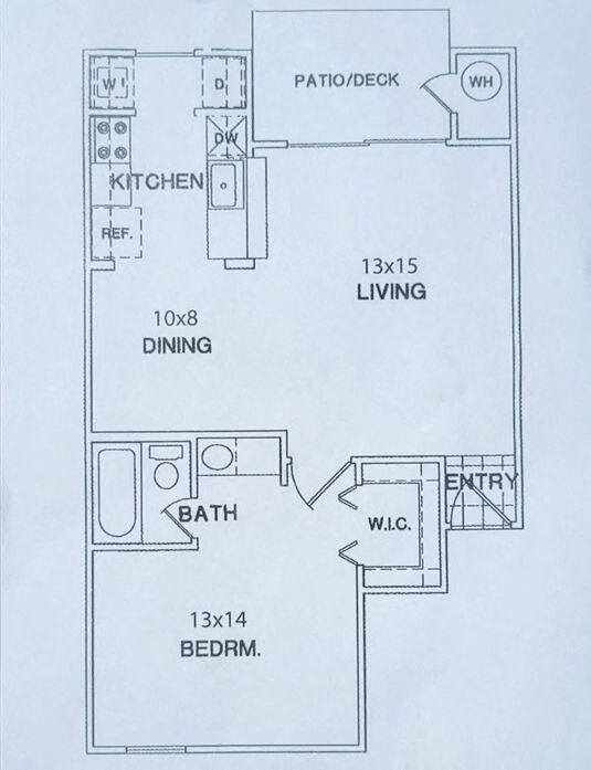 Floor plan for 1 bed, 1 bath, 652 sqft