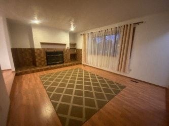 Anchorage house for rent - A living room with a fireplace and a rug on the floor.