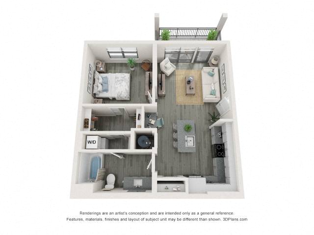 Floor plan for 1 bed, 1 bath, 736 sqft