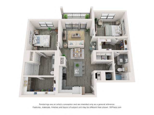 Floor plan for 2 beds, 2 baths, 1205 sqft
