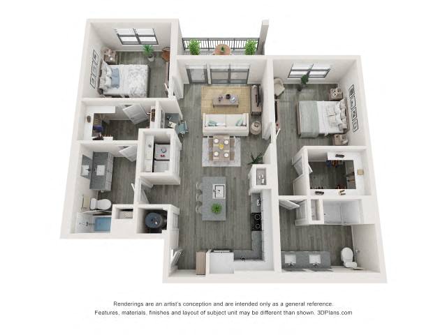 Floor plan for 2 beds, 2 baths, 1201 sqft