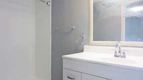 Slidell house for rent - A white bathroom sink with a mirror above it.