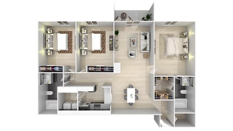 Floor plan for 3 beds, 2 baths, 1232 sqft