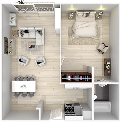 Floor plan for 1 bed, 1 bath, 568 sqft