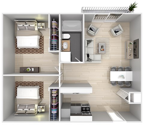 Floor plan for 2 beds, 1 bath, 900 sqft
