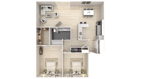 Floor plan for 2 beds, 1 bath, 931 sqft