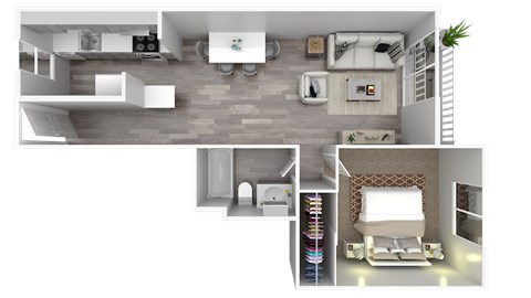 Floor plan for 1 bed, 1 bath, 667 sqft