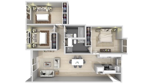 Floor plan for 3 beds, 2 baths, 1124 sqft