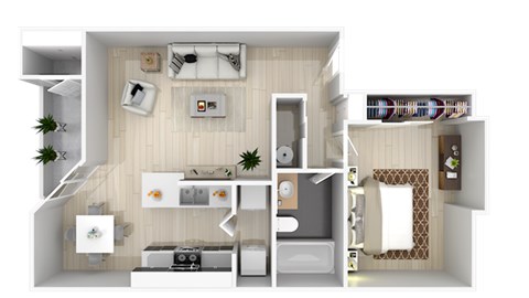 Floor plan for 1 bed, 1 bath, 679 sqft