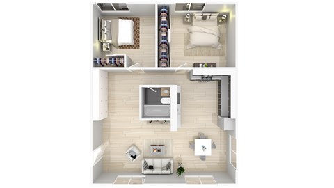 Floor plan for 2 beds, 1 bath, 878 sqft