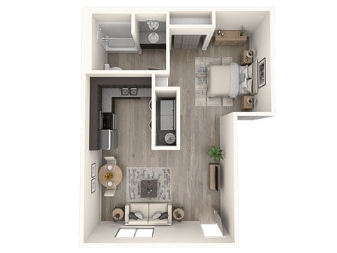 Floor plan for studio, 1 bath, 671 sqft