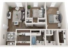 Floor plan for 2 beds, 1.5 baths, 864 sqft