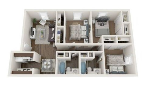 Floor plan for 3 beds, 2 baths, 1000 sqft