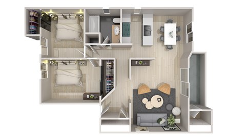 Floor plan for 2 beds, 1 bath, 973 sqft