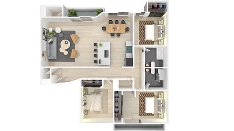 Floor plan for 3 beds, 2 baths, 1100 sqft