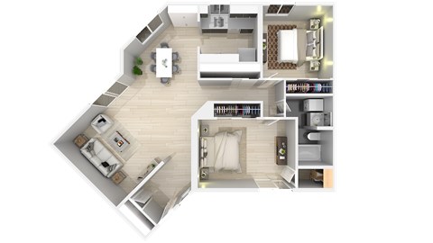 Floor plan for 2 beds, 1 bath, 959 sqft