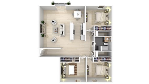Floor plan for 3 beds, 1 bath, 917 sqft