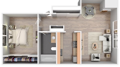 Floor plan for 1 bed, 1 bath, 750 sqft