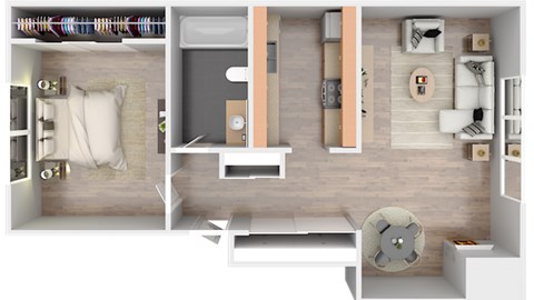 Floor plan for 1 bed, 1 bath, 750 sqft