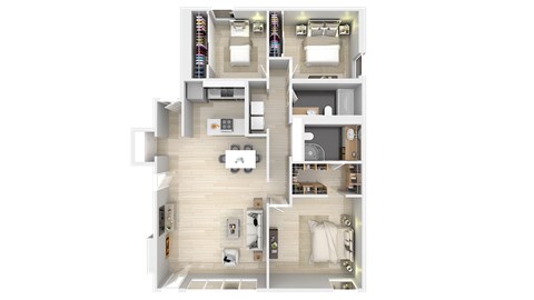Floor plan for 3 beds, 2 baths, 1135 sqft