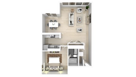 Floor plan for 1 bed, 1 bath, 696 sqft