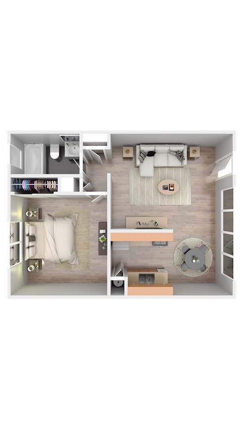 Floor plan for 1 bed, 1 bath, 558 sqft