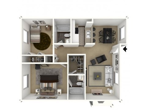 Floor plan for 2 beds, 2 baths, 980 sqft