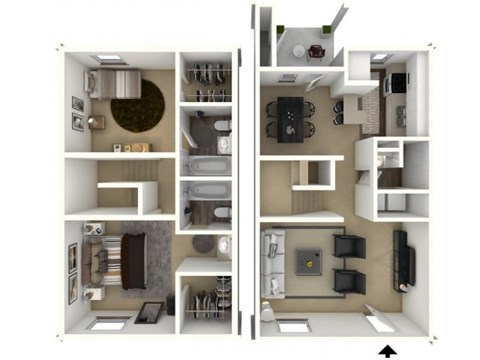 Floor plan for 2 beds, 2.5 baths, 1060 sqft