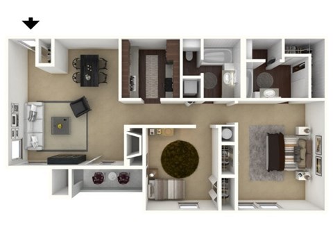 Floor plan for 2 beds, 2 baths, 911 sqft