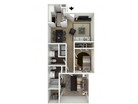 Floor plan for 2 beds, 2 baths, 937 sqft