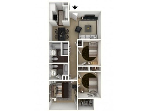 Floor plan for 3 beds, 2 baths, 1035 sqft