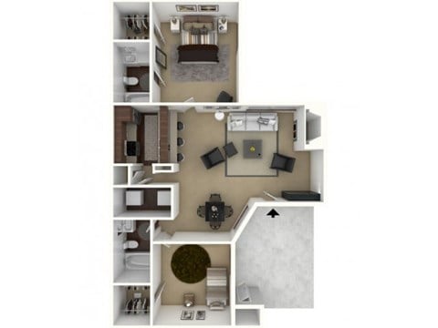 Floor plan for 2 beds, 2 baths, 910 sqft