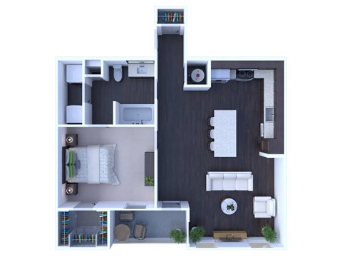 Floor plan for 1 bed, 1 bath, 777 sqft