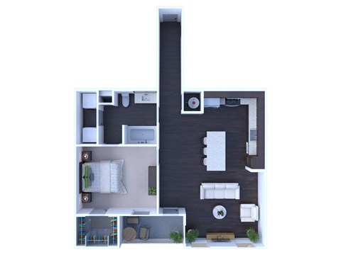 Floor plan for 1 bed, 1 bath, 859 sqft