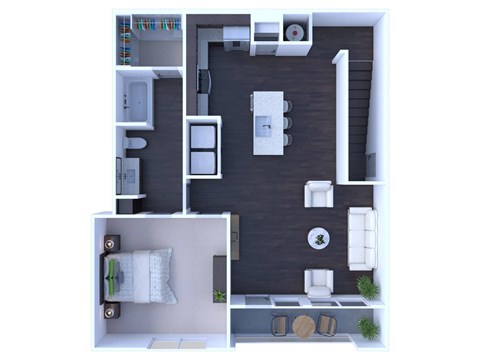Floor plan for 1 bed, 1 bath, 931 sqft