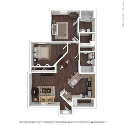 Floor plan for 2 beds, 2 baths, 934 sqft
