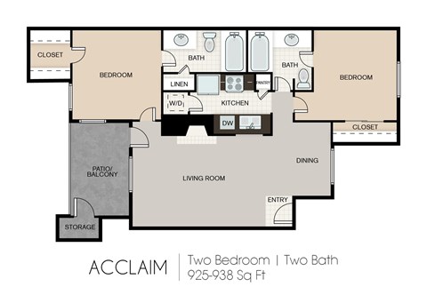 Floor plan for 2 beds, 2 baths, 938 sqft