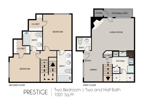 Floor plan for 2 beds, 2.5 baths, 1001 sqft