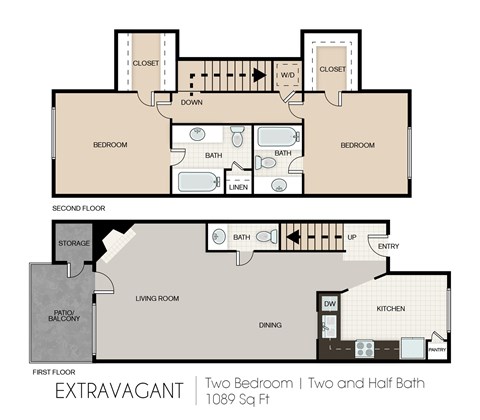 Floor plan for 2 beds, 2.5 baths, 1089 sqft