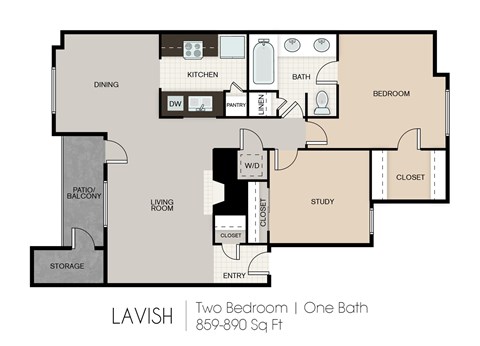 Floor plan for 2 beds, 1 bath, 890 sqft