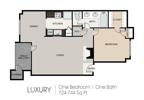 Floor plan for 1 bed, 1 bath, 744 sqft