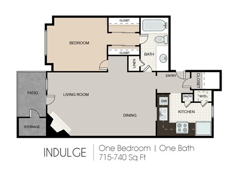 Floor plan for 1 bed, 1 bath, 740 sqft