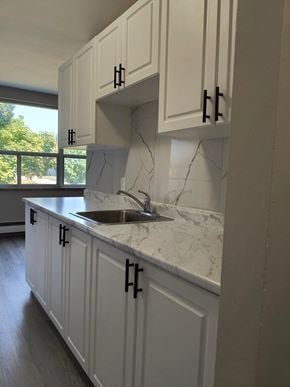 Brantford apartment for rent - A kitchen with white cabinets and marble countertops.