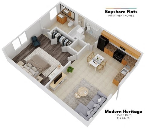 Floor plan for 1 bed, 1 bath, 688 sqft