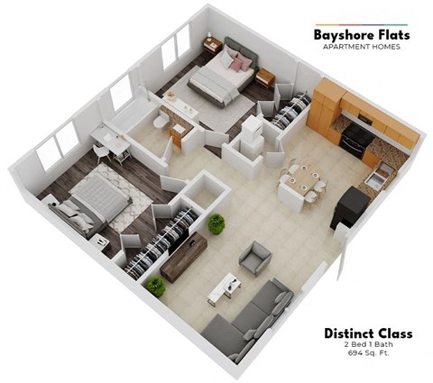 Floor plan for 2 beds, 1 bath, 688 sqft