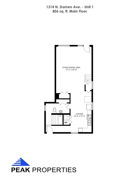 Floor plan for 1 bed, 1 bath, 687 sqft