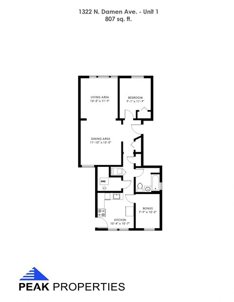Floor plan for 1 bed, 1 bath, 807 sqft