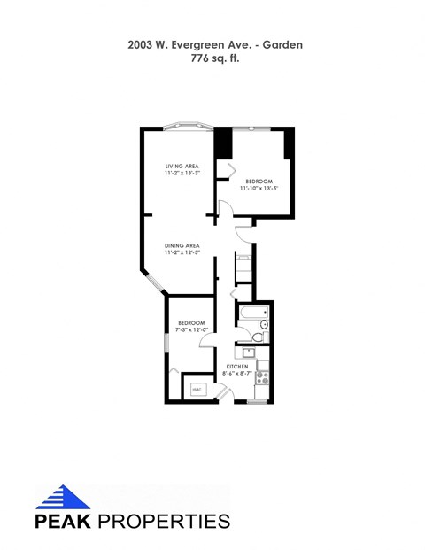 Floor plan for 2 beds, 1 bath, 776 sqft