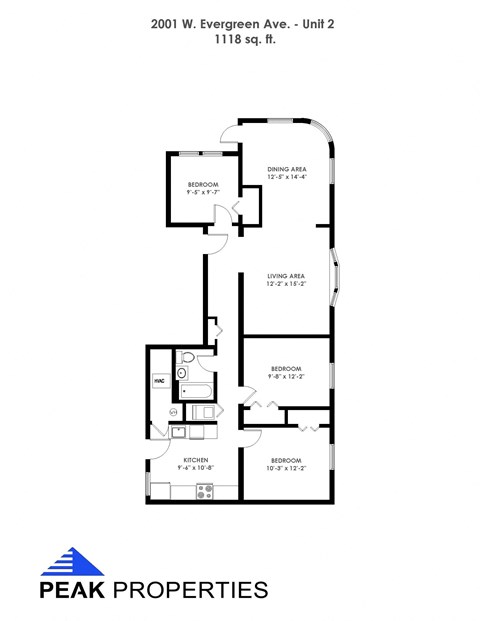 Floor plan for 3 beds, 1 bath, 1118 sqft