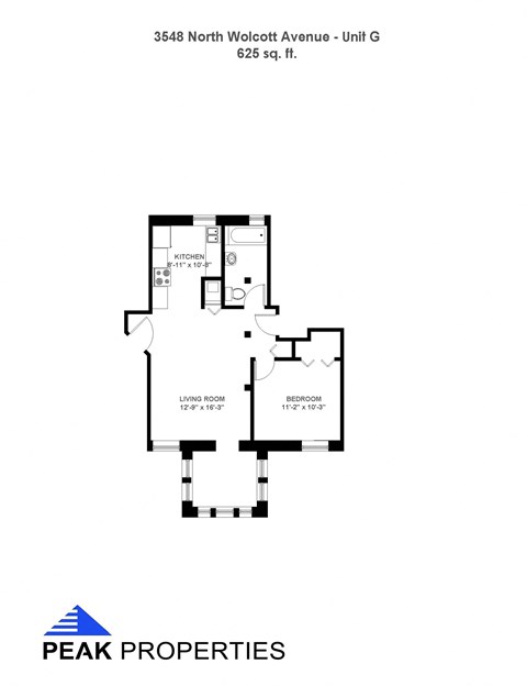 Floor plan for 1 bed, 1 bath, 625 sqft